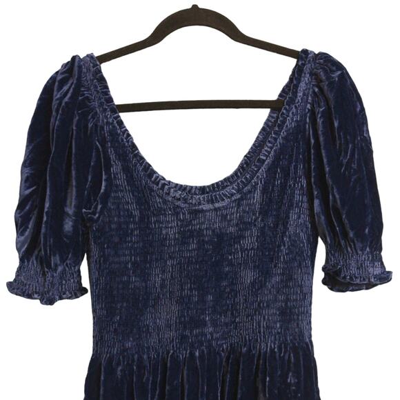 Hill House Louisa Nap Dress Navy Velvet Smocked Scoop Neck Ruffle Hem Midi M New - Picture 4 of 12